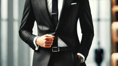 DALL·E 2025 02 05 22.32.14 A man wearing an elegant black suit standing confidently in a modern setting. The suit is well tailored with a white dress shirt and a stylish tie.
