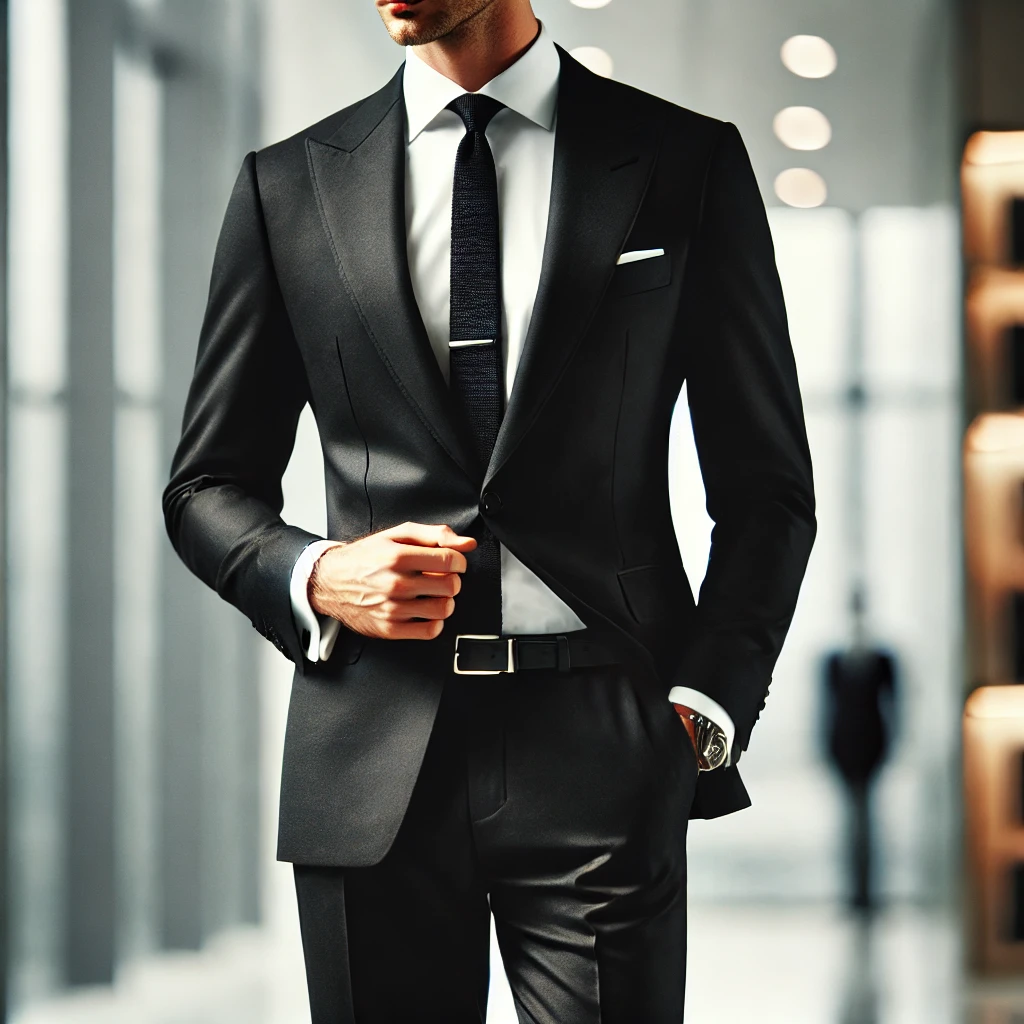 DALL·E 2025 02 05 22.32.14 A man wearing an elegant black suit standing confidently in a modern setting. The suit is well tailored with a white dress shirt and a stylish tie.