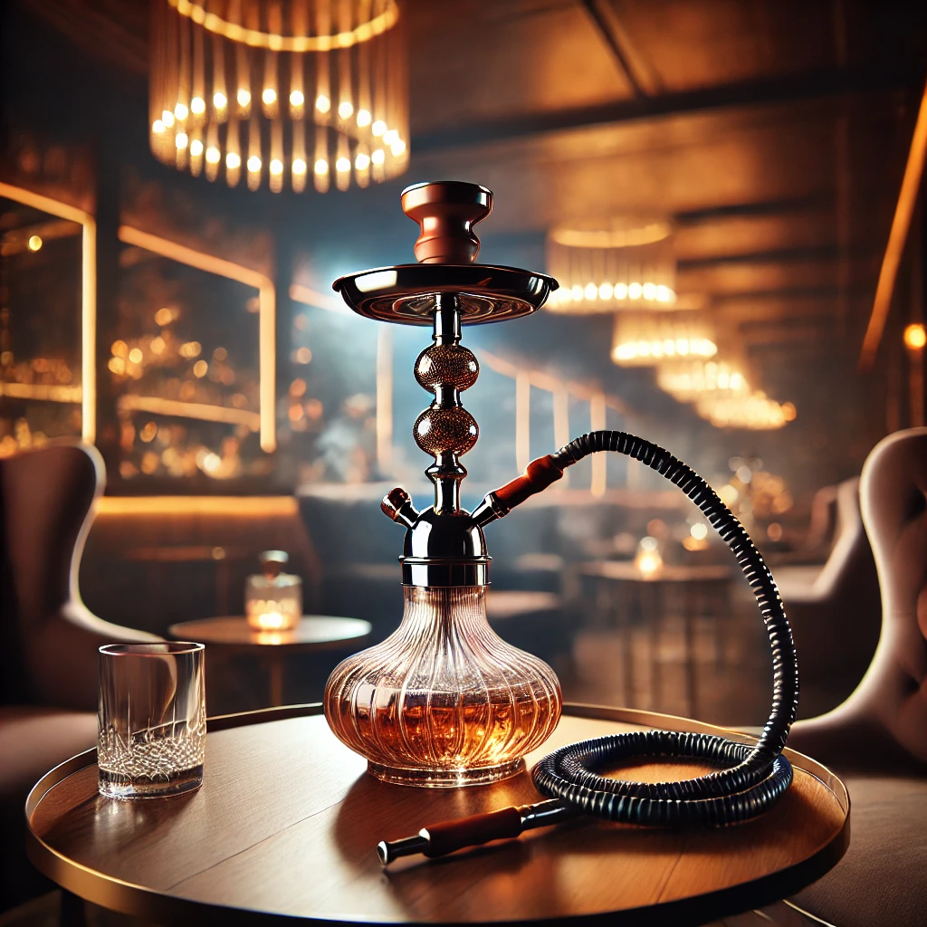 DALL·E 2025 02 13 09.44.39 A modern and stylish hookah shisha with an elegant glass base a sleek metal stem and a beautifully crafted hose. The hookah is set on a luxurious