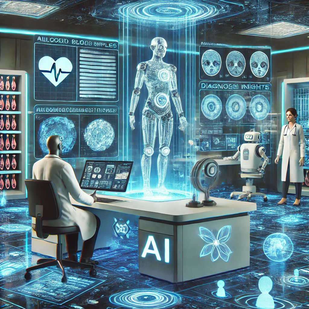 DALL·E 2025 02 14 18.11.51 A futuristic medical laboratory where AI powered robots analyze blood samples scan X rays and diagnose diseases. A large screen displays AI generate