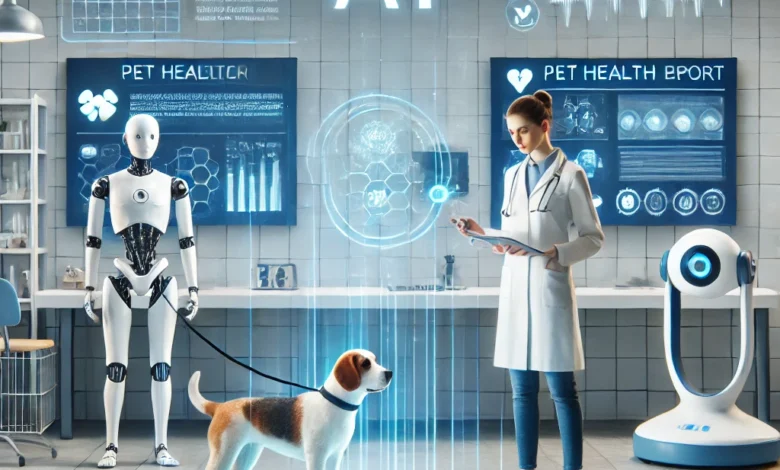 استخدام الذكاء الاصطناعي في الطب البيطري 1 Dall·e 2025 02 14 18. 26. 16 a futuristic veterinary clinic using artificial intelligence. A veterinarian is analyzing a holographic pet health report generated by ai. A robotic a